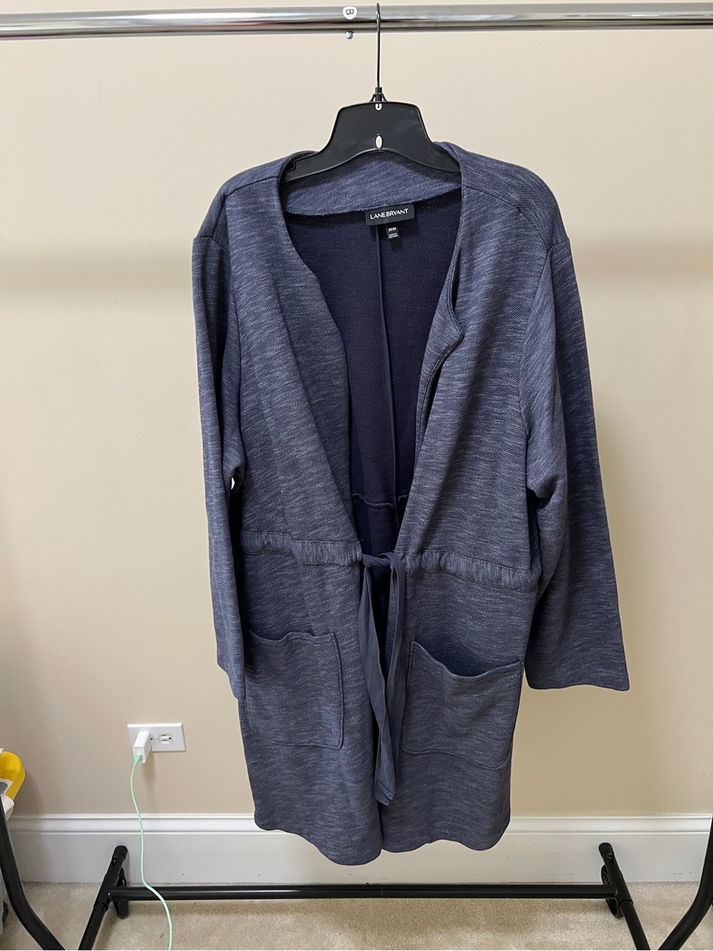 Lane Bryant Navy Heathered Open-Front Tie-Waist Blazer Cardigan